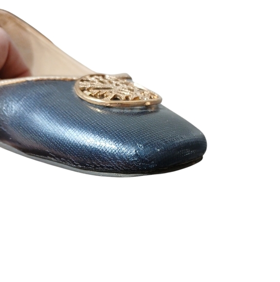 Lilly Pullitzer Navy Patent Leather Metallic Gold Trim Embellished Flats sz 9.5 - Picture 14 of 16